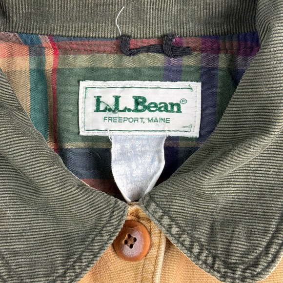 LL Bean Vintage Field Coat Tan Cotton Canvas Plaid Flannel Lined Barn Jacket - Picture 3 of 6